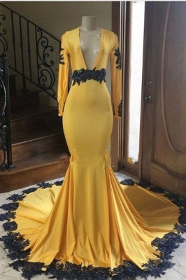 Mermaid Applique Long-sleeve Charming Deep-v-neck Yellow Prom Dress_1