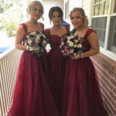 summer Straps Sweetheart Lace-Appliques Tulle Burgundy Bridesmaid Dress_3