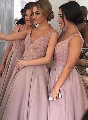 2021 Elegant V-Neck Sleeveless Floor Length Bridesmaid Dress with Beadings PT111_3