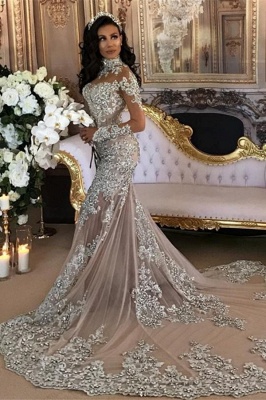Luxury Silver Mermaid Wedding Dresses | Long Sleeves Lace High Neck Bridal Gowns_2