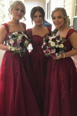 summer Straps Sweetheart Lace-Appliques Tulle Burgundy Bridesmaid Dress_2