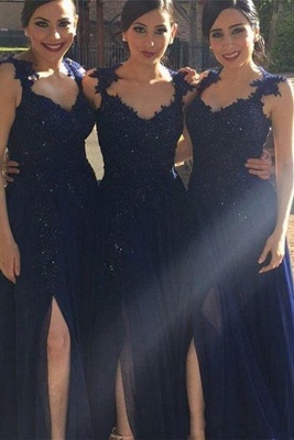 Navy Blue Lace Appliques Side-Slit Chiffon A-line Bridesmaid Dresses_2