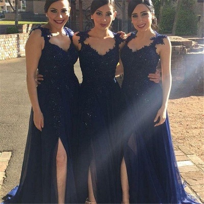 Navy Blue Lace Appliques Side-Slit Chiffon A-line Bridesmaid Dresses_3