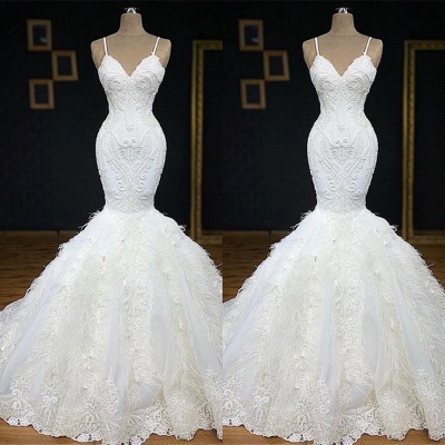 V-Neck Feather Mermaid Wedding Dresses | Sleeveless Glamorous 2021 Gowns_3