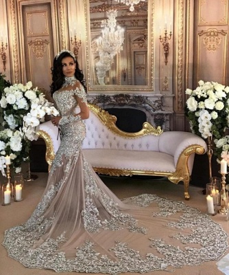 Luxury Silver Mermaid Wedding Dresses | Long Sleeves Lace High Neck Bridal Gowns_5
