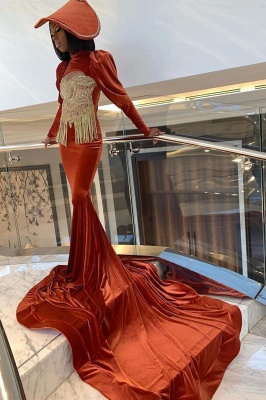 Velvet Long Sleeve Prom Dress Gold Appliques_3