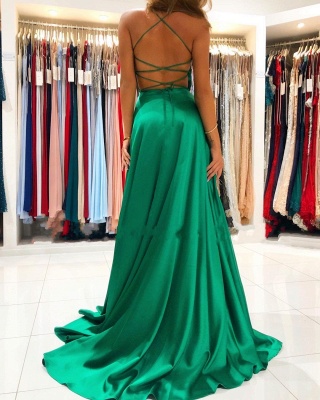 Cheap Green Prom Dresses Floor Length V Neck Dress with Split_2