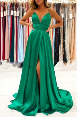 Cheap Green Prom Dresses Floor Length V Neck Dress with Split_1