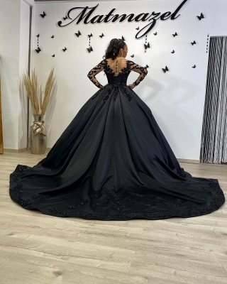Cheap Black Lace Prom Dresses Ball Gowns Satin Evening Gowns_3