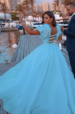 Sky Blue Princess Mermaid Evening Gowns with Sweep Train Short Sleeve Party Gowns_4