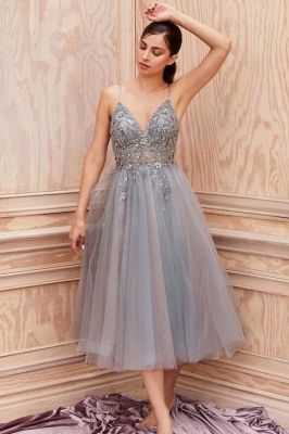 Cheap Lace Grey Prom Dresses Short Sleeveless V Neck Gowns_1