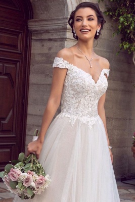 Sexy Floor Length Off the Shoulder White Lace Tulle Wedding Gowns