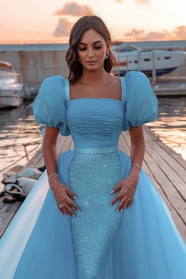 Sky Blue Princess Mermaid Evening Gowns with Sweep Train Short Sleeve Party Gowns_3