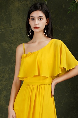 Unique Yellow Spaghetti Straps Flower A-line Split Bridesmaid Dress With Pockets_9
