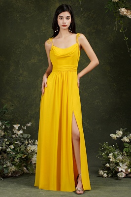 Simple Yellow Spaghetti Straps Floor-length A-Line Split Pockets Bridesmaid Dress_9