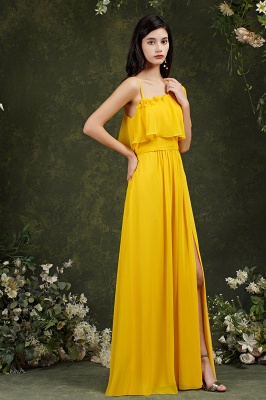 Unique Yellow Spaghetti Straps Flower A-line Split Bridesmaid Dress With Pockets_6