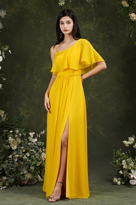 Unique Yellow Spaghetti Straps Flower A-line Split Bridesmaid Dress With Pockets_4