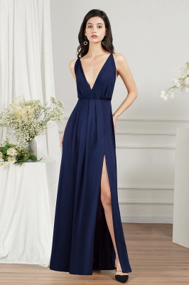 Modest V-neck Backless A-line Floor-length Ruffles Prom Dress With Split_2
