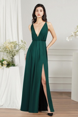 Modest V-neck Backless A-line Floor-length Ruffles Prom Dress With Split