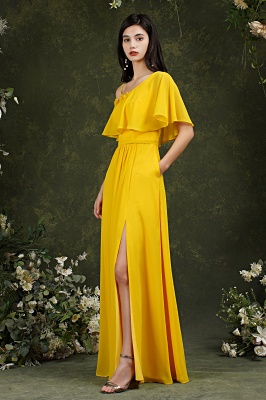 Unique Yellow Spaghetti Straps Flower A-line Split Bridesmaid Dress With Pockets_3