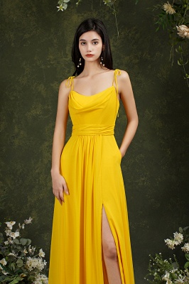Simple Yellow Spaghetti Straps Floor-length A-Line Split Pockets Bridesmaid Dress_8