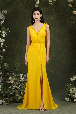 Chic Yellow Wide Straps V-neck Floor-length Mermaid Bridesmaid Dress With Split