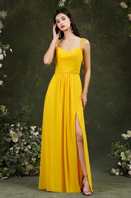 Simple Yellow Spaghetti Straps Floor-length A-Line Split Pockets Bridesmaid Dress_2