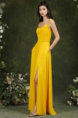 Simple Yellow Spaghetti Straps Floor-length A-Line Split Pockets Bridesmaid Dress_3