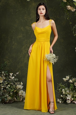 Simple Yellow Spaghetti Straps Floor-length A-Line Split Pockets Bridesmaid Dress_5