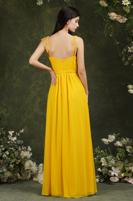 Simple Yellow Spaghetti Straps Floor-length A-Line Split Pockets Bridesmaid Dress_6