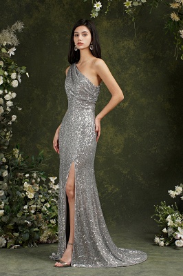 Charming Mermaid One Shoulder Sequins Bridesmaid Dress With Side Slit_4