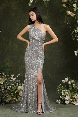 Charming Mermaid One Shoulder Sequins Bridesmaid Dress With Side Slit_2