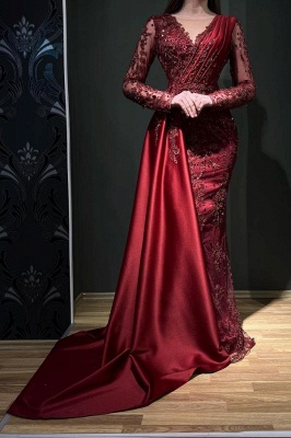 Elegant Red V-Neck Mermaid Floor-Length Long Sleeve Stretch Satin Prom Dress
