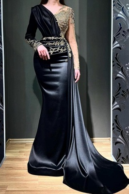 Elegant Black V-Neck Mermaid Floor-Length Long Sleeve Stretch Satin Prom Dress