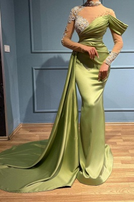 Elegant Green V-Neck Mermaid Floor-Length Long Sleeve Stretch Satin Prom Dress