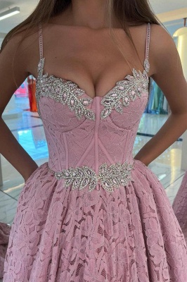 Charming Pink Sleeveless Spaghetti Strap A-Line Lace Prom Dress_2