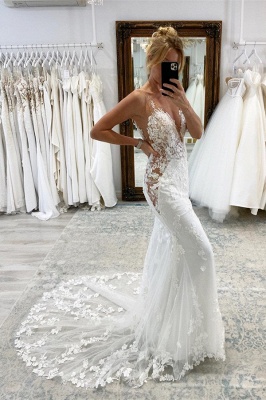Fabulous Floor Length Chapel Train V-neck Mermaid Wedding Dress_2