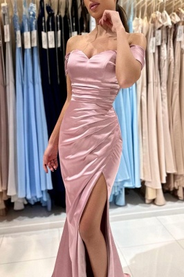 Chic Pink Off the Shoulder Strapless Sweetheart Floor Length Mermaid Stretch Satin Prom Dress with Ruffles_6
