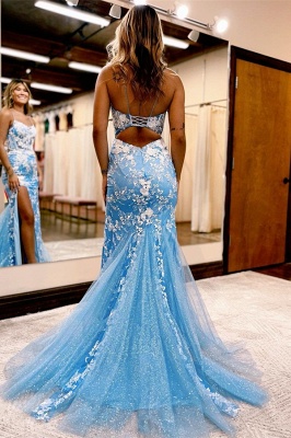 Exquisite Blue Spaghetti Straps Floor Length Lace Sleeveless Mermaid Prom Dress_2