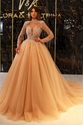 Deluxe Ivory High Collar Long Sleeves Tulle Ball Gown Prom Dress with Ruffles