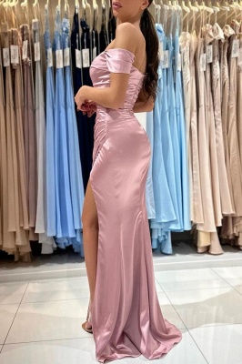 Chic Pink Off the Shoulder Strapless Sweetheart Floor Length Mermaid Stretch Satin Prom Dress with Ruffles_4