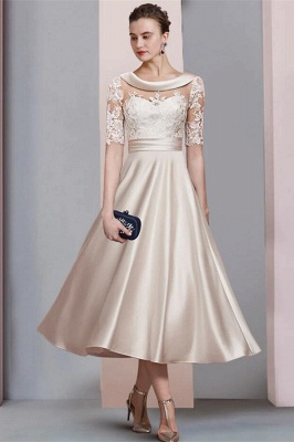 Elegant Ivory Jewel Lace Beading A-Line Tea Length Satin Wedding Dress Formal Dress