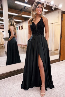 Charming Black V-neck Straps A-Line Stretch Satin Prom Dress_1