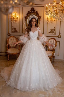 Charming Jewel Long Sleeves Appliques A-Line Tulle Wedding Dress