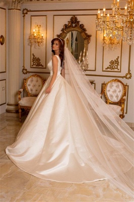 Charming A-Line Sleeveless V-neck Satin Wedding Dress with Train_2
