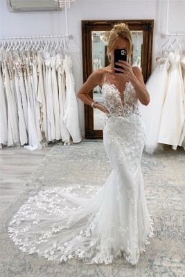 Fabulous Floor Length Chapel Train V-neck Mermaid Wedding Dress_1
