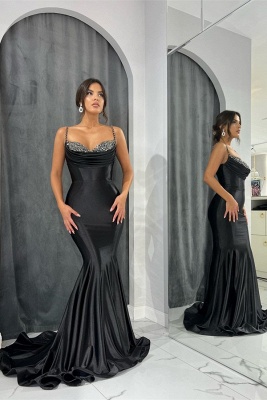 Elegant Black Spaghetti Straps Beading Floor Length Mermaid Prom Dress with Ruffles
