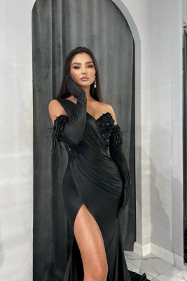 Chic Black Floor Length Asymmetrical One Shoulder Sleeveless Prom Dress with Ruffles_2