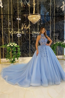 Elegant Halter Sleeveless Beading Floor Length Tulle Prom Dress