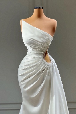 Elegant White One Shoulder Asymmetrical Mermaid Stretch Satin Prom Dress_2